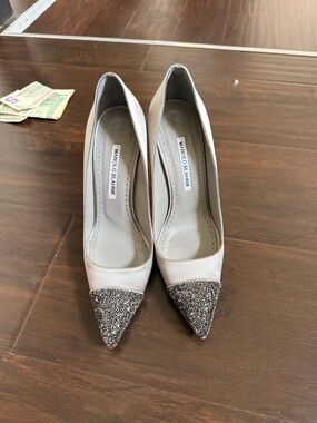 Manolo Blahnik Beige Pumps with Glittered Silver Crystal Cap Toe